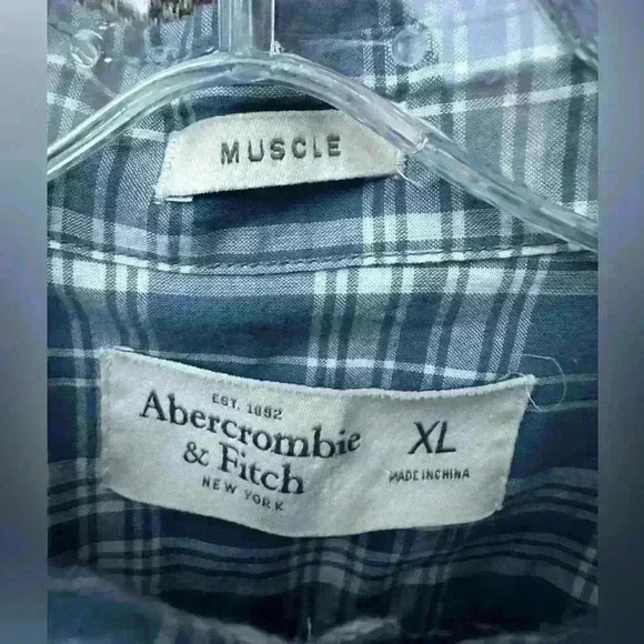 Abercrombie & Fitch Button Plaid Shirt Men's Medium Muscle Fit Blue Stripe XL - Picture 5 of 5
